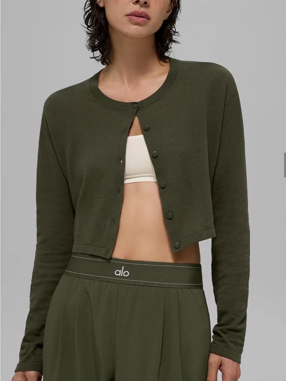 ALO Yoga Olive Cropped Button Cardigan
